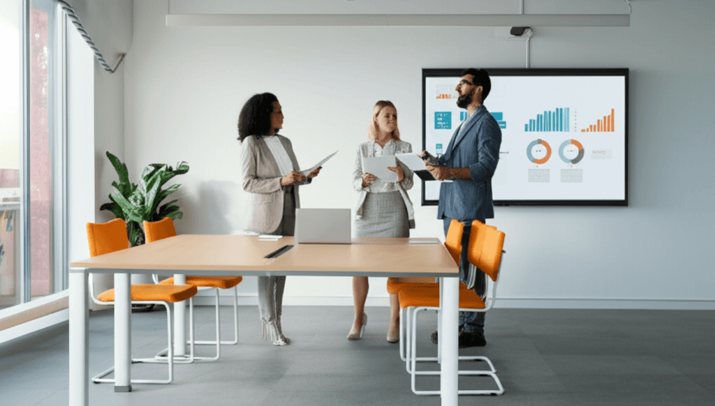 Team collaborating in modern office space